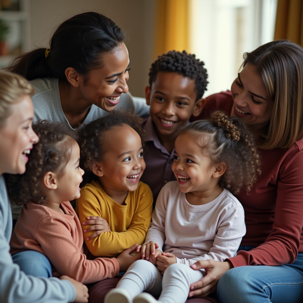Diverse families and individuals connecting in a supportive community environment, showing warmth and togetherness