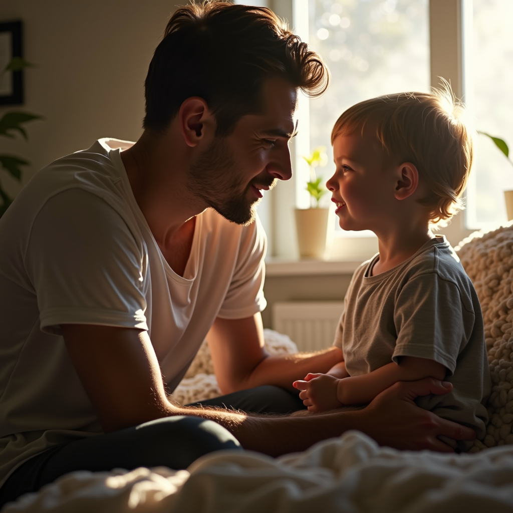 Father and child having a meaningful conversation at home, showing active listening and emotional connection, warm natural lighting