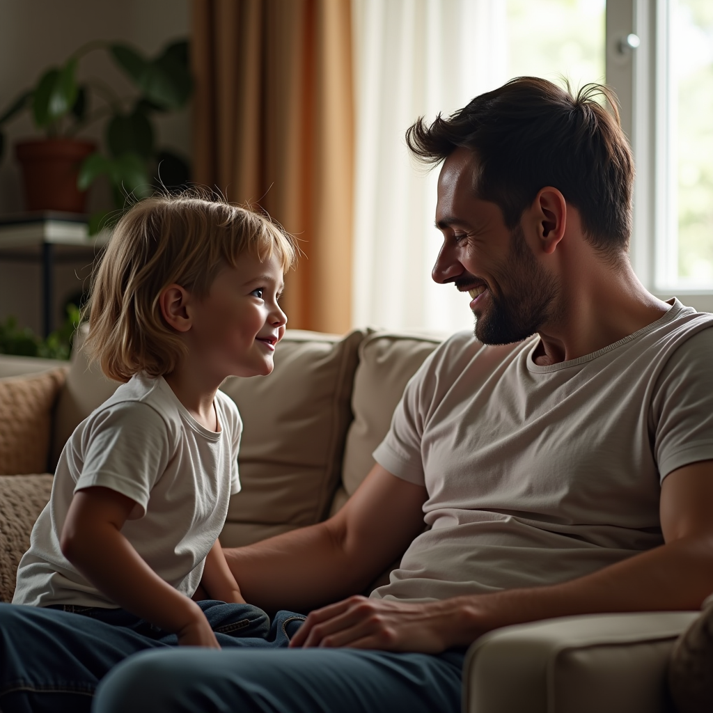 Father and child having a meaningful conversation at eye level, sitting together on a comfortable couch in a warm, inviting living room with natural lighting