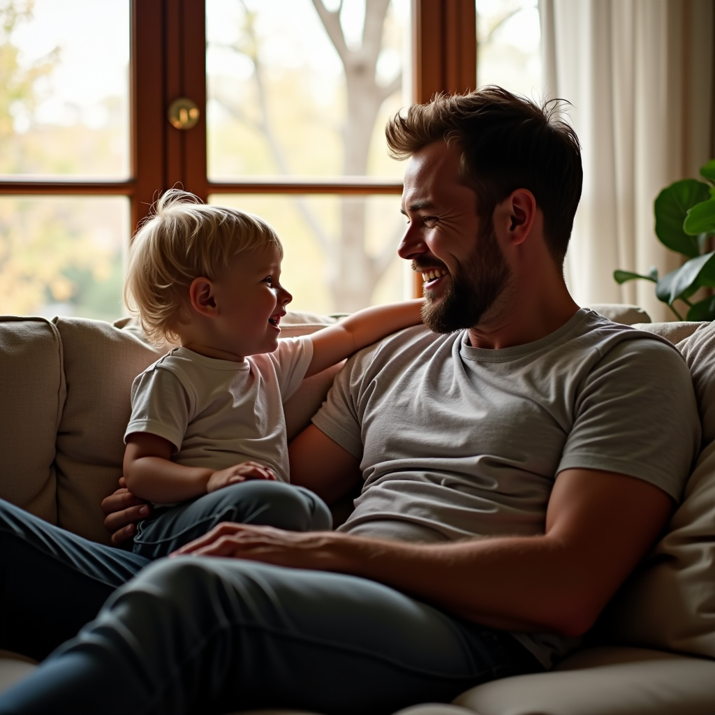 A Long Island father and his child sharing a meaningful moment together at home, sitting on a comfortable couch, engaged in conversation with warm natural lighting streaming through windows, showing genuine connection and presence
