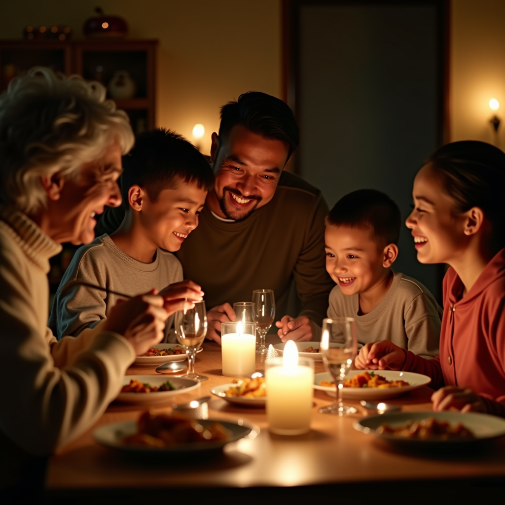 Multigenerational family gathered around a warmly lit dinner table, sharing a meal together with smiles and laughter, representing the power of family traditions and togetherness