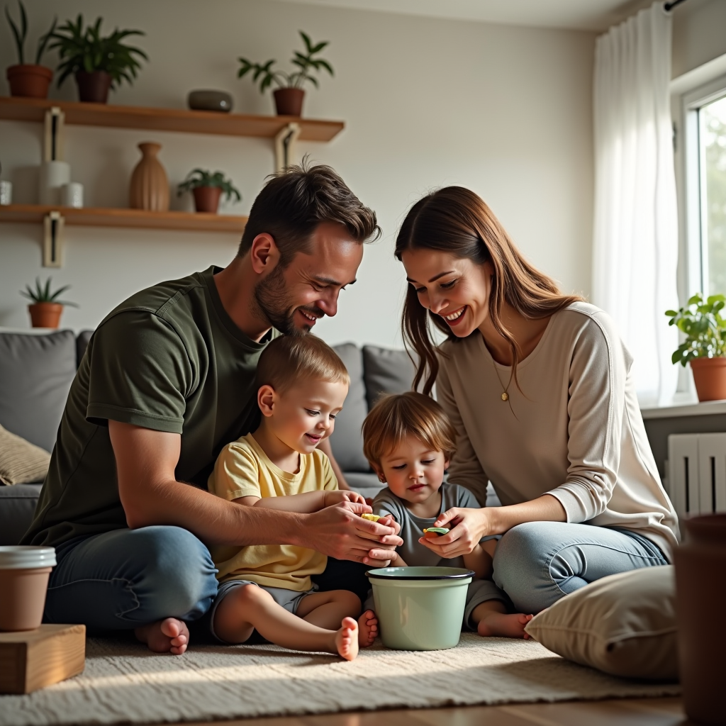 Two parents working together in a warm home environment, sharing household responsibilities with their children playing nearby, depicting partnership and teamwork in modern family life
