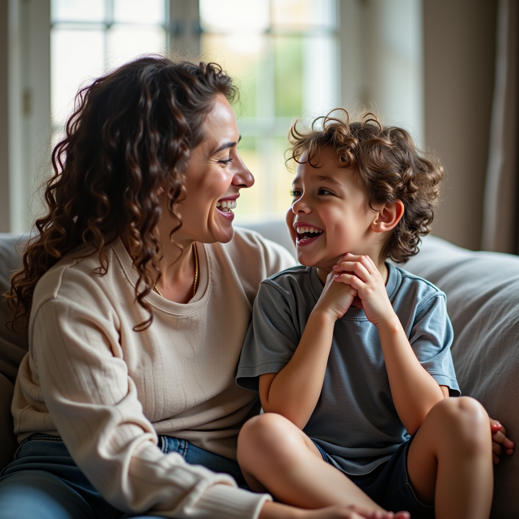 Parent and child sitting together having a warm conversation, child expressing emotions while parent listens attentively, soft natural lighting, comfortable home setting