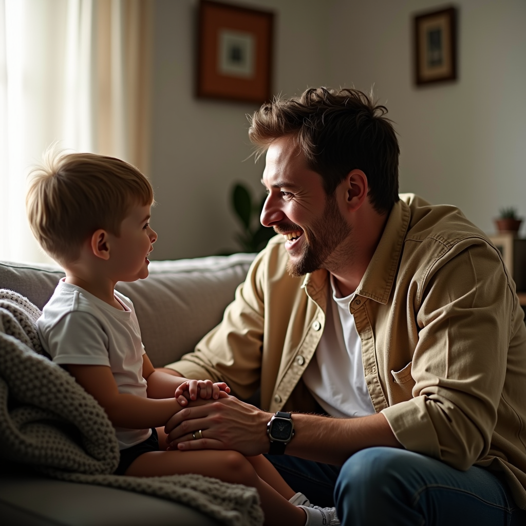 Father and child having a meaningful conversation at home, showing active listening and emotional connection, warm natural lighting, comfortable living room setting