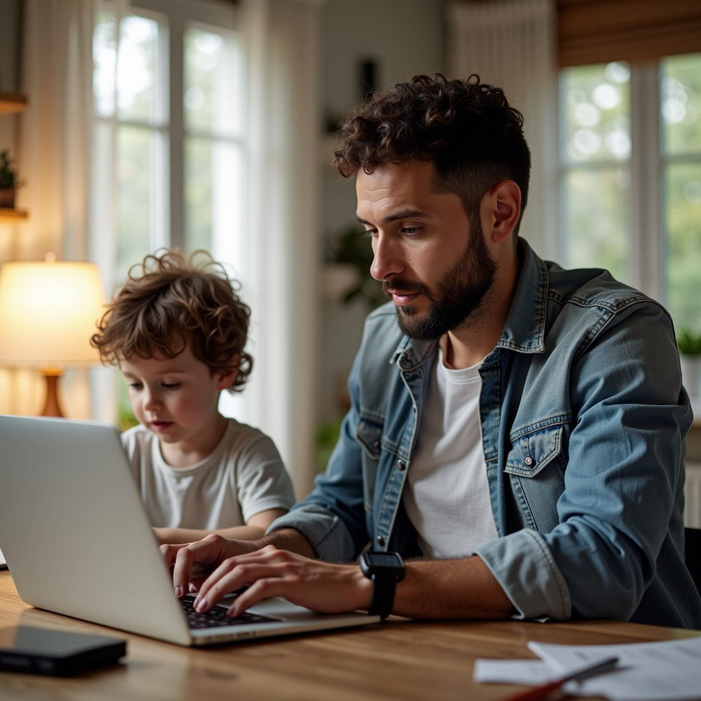 Long Island father working on laptop while child plays nearby, balancing career and family life, home office setting