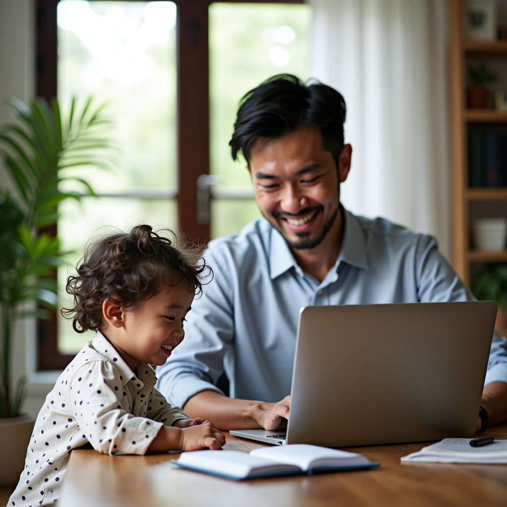 Professional father working on laptop while child plays nearby, balanced work-life scene, home office environment, natural daylight, showing time management and family presence