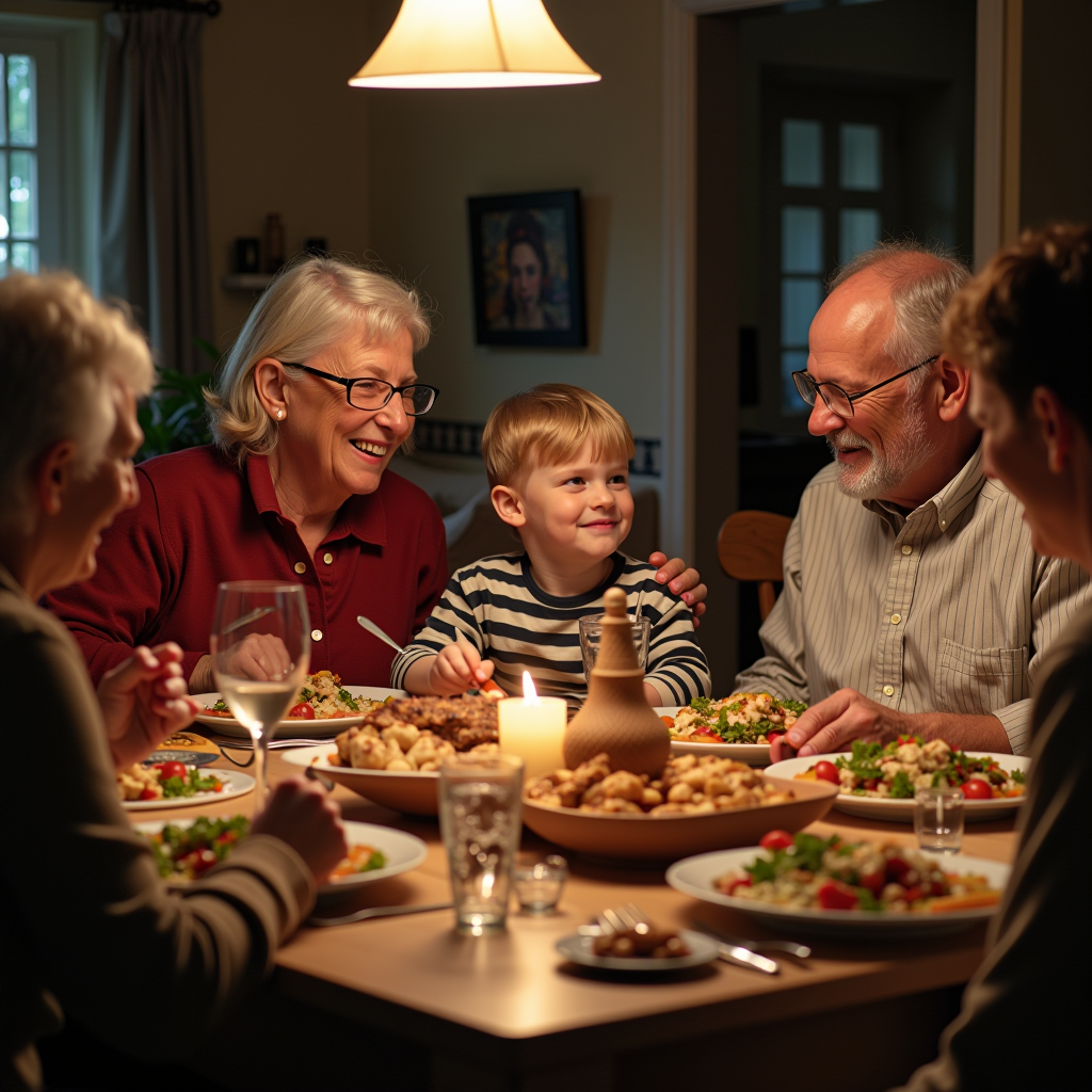 Family gathered around dinner table sharing meal and stories, multi-generational, warm home atmosphere, Long Island family