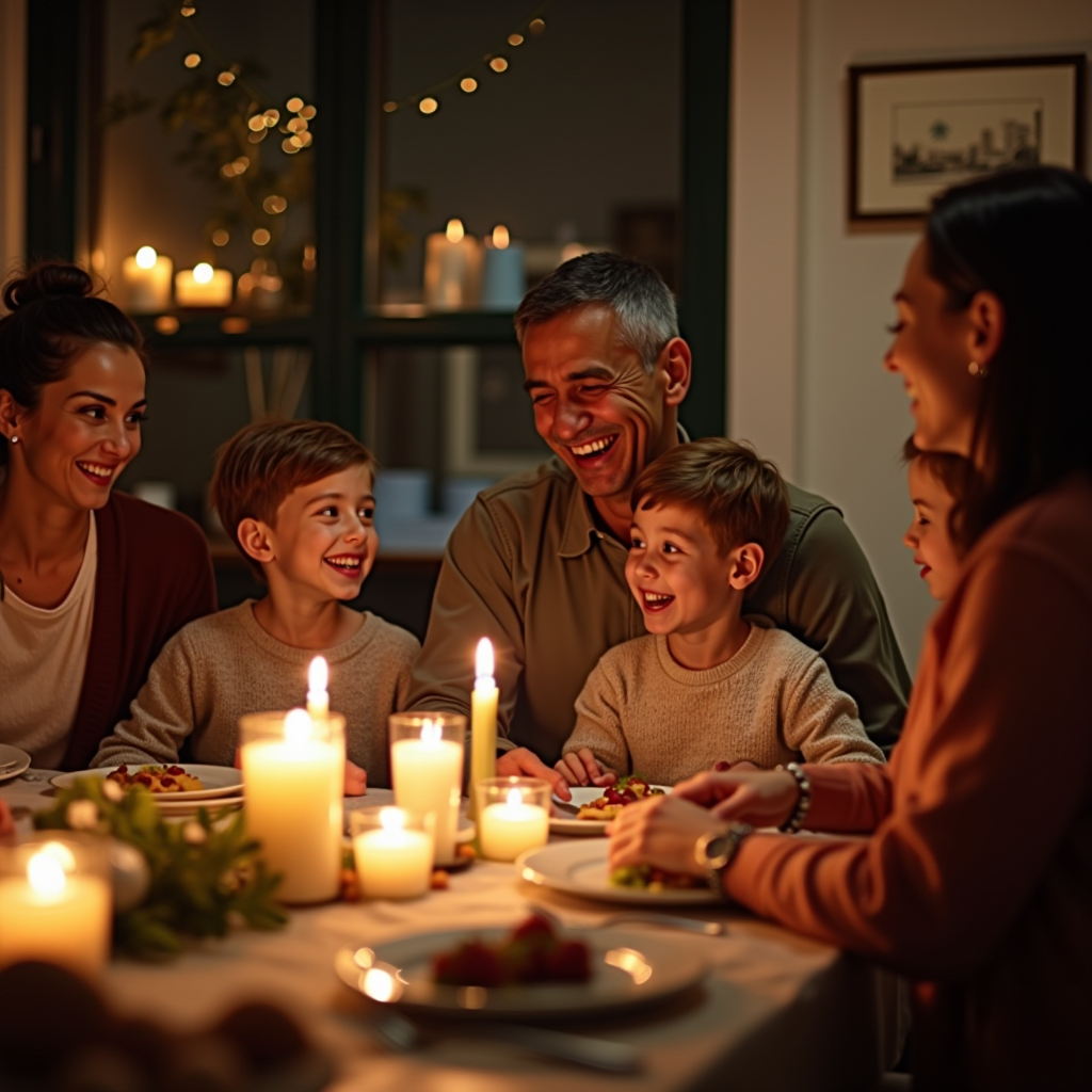Happy family gathered around dinner table celebrating together, multi-generational, warm home atmosphere, candles and decorations, joyful expressions, creating lasting memories