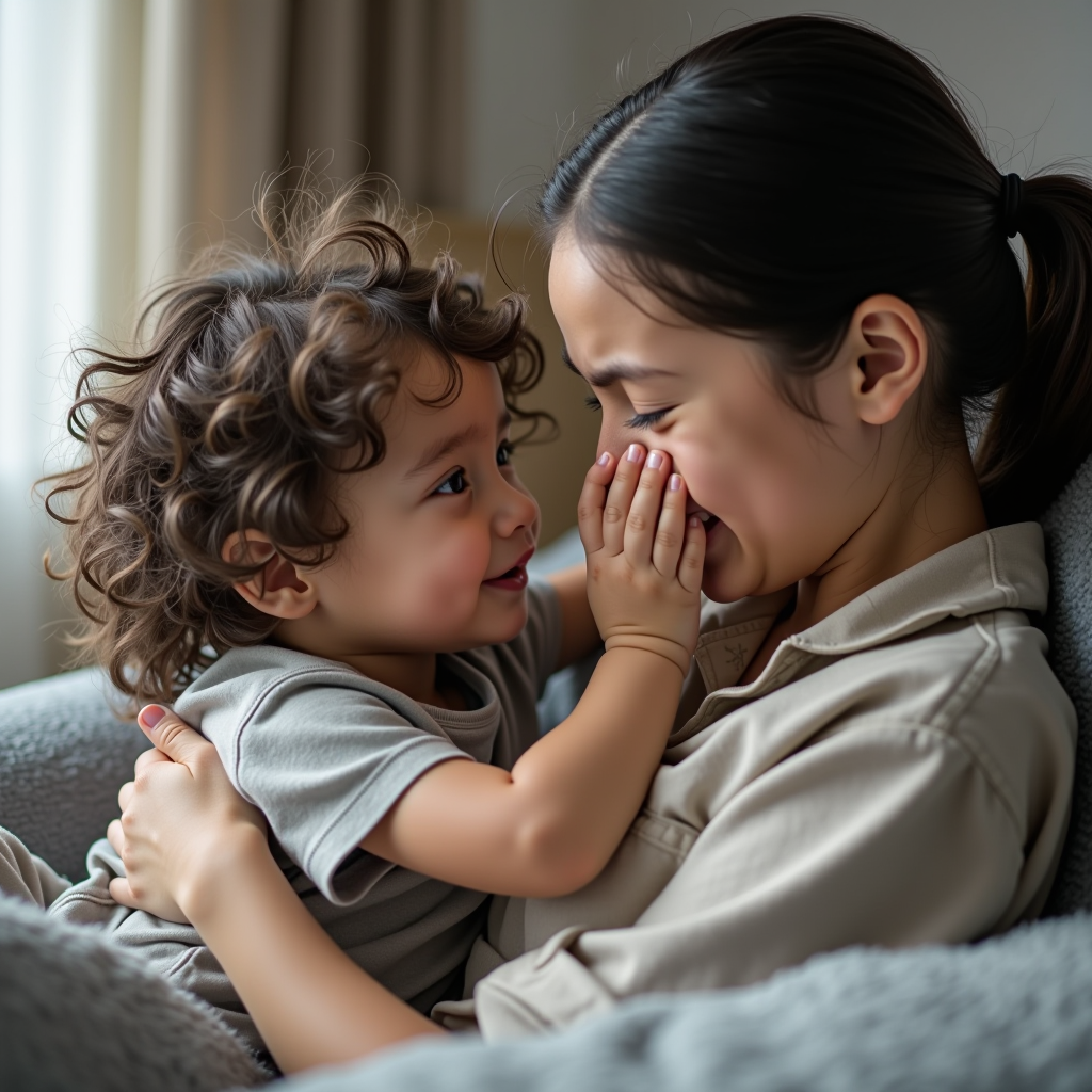 Parent and child expressing emotions together, teaching emotional intelligence, caring and understanding moment, indoor setting